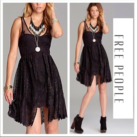 FREE PEOPLE Womens Boho Witchy Black Lace Overlay LBD Mini Dress Size 0 - Picture 2 of 9